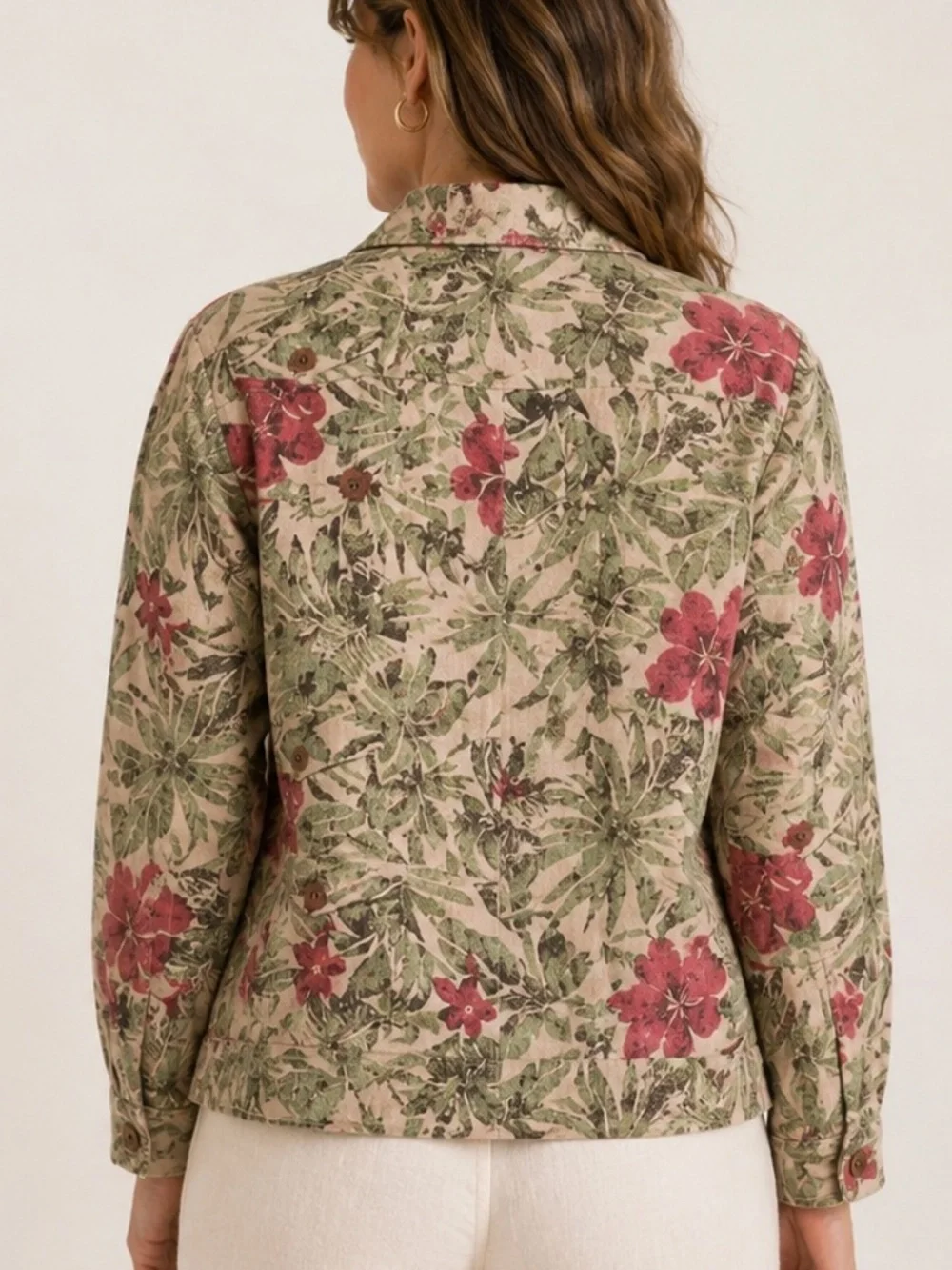 Charter Club 100% Linen Tropical Floral Jacket Medium Hibiscus Green Red